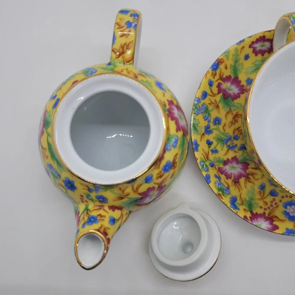 Two's Company Caroline Chintz Tea For One Set Floral Porcelain Teapot Cup Saucer